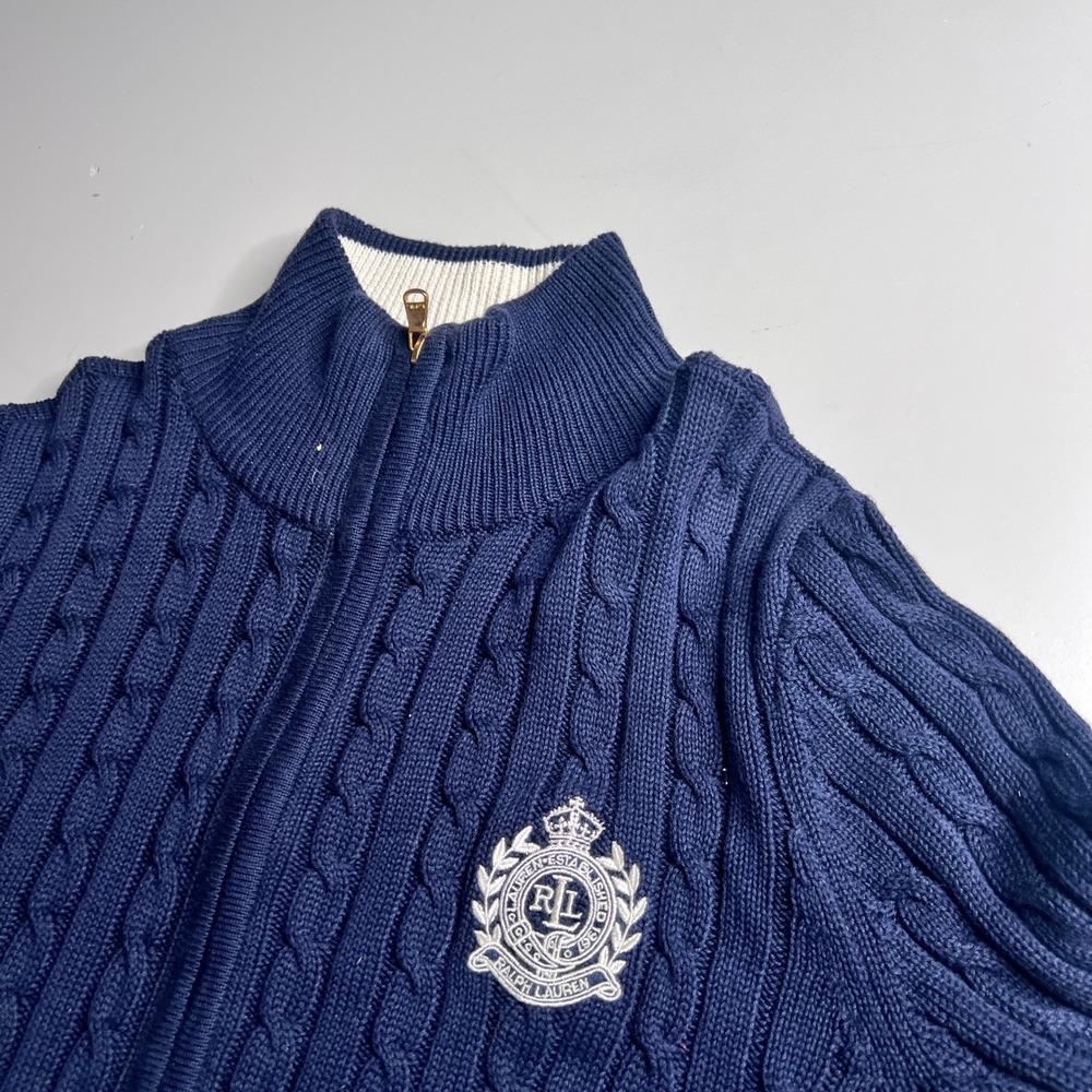 Lauren Active Ralph Lauren Navy Blue‎ Cable Knit Full Zip Crest Sweater XL - Picture 6 of 7
